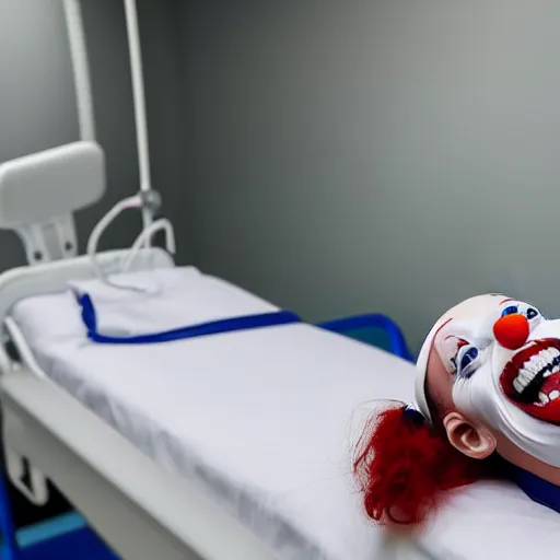 Image similar to confused laughing clown lying in hospital bed with wrist restraints on, restraint fabric straps attached to hospital bed, photograph, 8 k