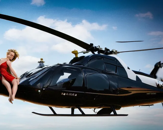 Image similar to a photo of margot robbie falling in the sky next to a helicopter, hyper realistic faces, beautiful eyes, cinematic, long shot, hyper detailed, 8 5 mm photograph, 8 k resolution, film still, sharp lens, wide lens