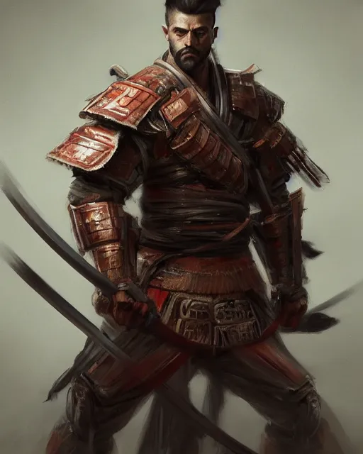 Image similar to full length portrait of a handsome and muscular ronin, square masculine facial features, short messy hair, katana, by wlop and peter mohrbacher, samurai, extremely detailed shading, concept art, digital painting, trending on artstation, unreal engine 5, octane render, atmosphere, glow, cinematic lighting, full of color