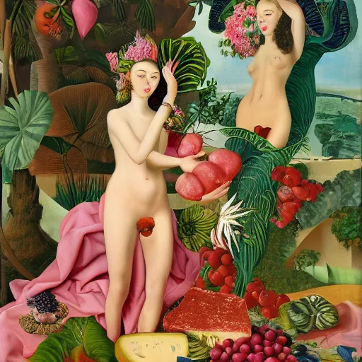 Image similar to a highly detailed oil painting of 2 pink dolphin queens ruling a cheese kingdom surrounded by exotic fruits and plants, surreal, 4 k, trending on art station, in the style of dali, boch, matisse caravaggio, comical