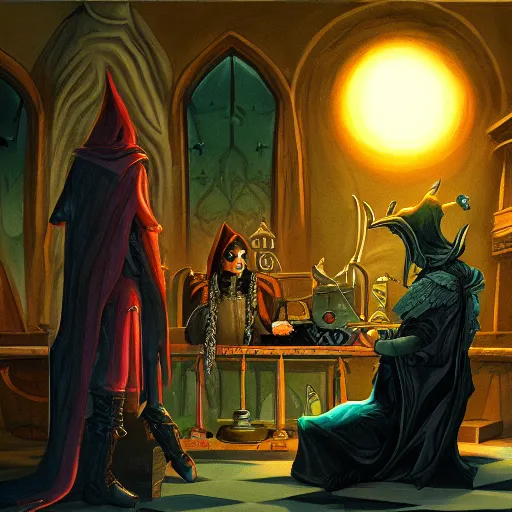 Prompt: Liz (sorceress), Tim (bearded alchemist) presiding over the Council of Shadows | fantasy painting