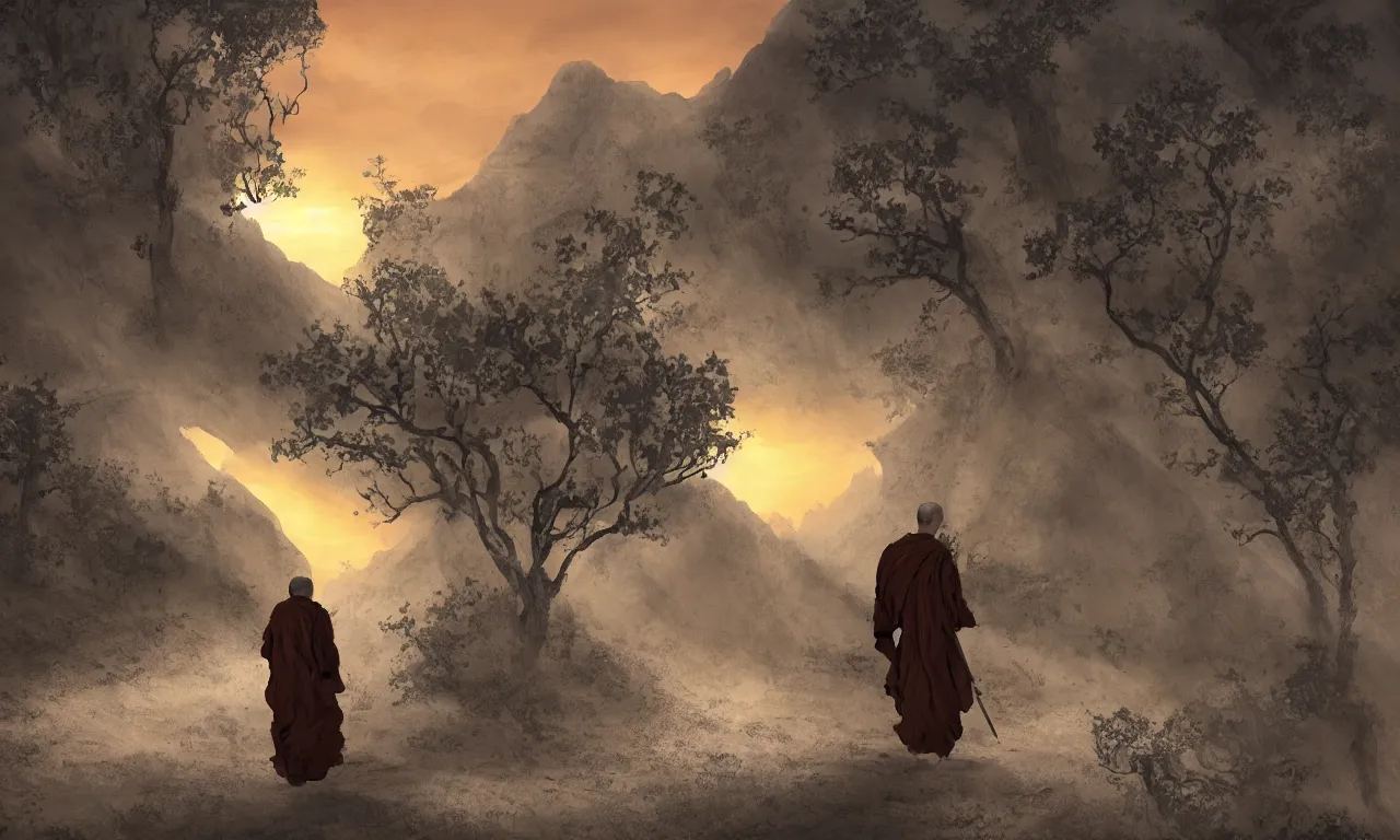 Prompt: a single lonely taoist monk walking with a stick and a long dark shroud blown a the dusty wind blowing through mountainous karst canyons and crevasses, with a few wretched withered trees hanging low, lit by a powerful sunset light, glimmer of the cloudy horizon in the far distance, a place abandoned by gods, hyper-detailed artstation cgsociety by Greg Rutkowski and by Gustave Dore