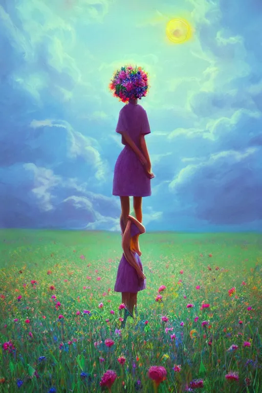 Image similar to closeup, giant flower head, girl standing in a field of flowers, surreal photography, sunrise, blue sky, dramatic light, impressionist painting, digital painting, artstation, simon stalenhag
