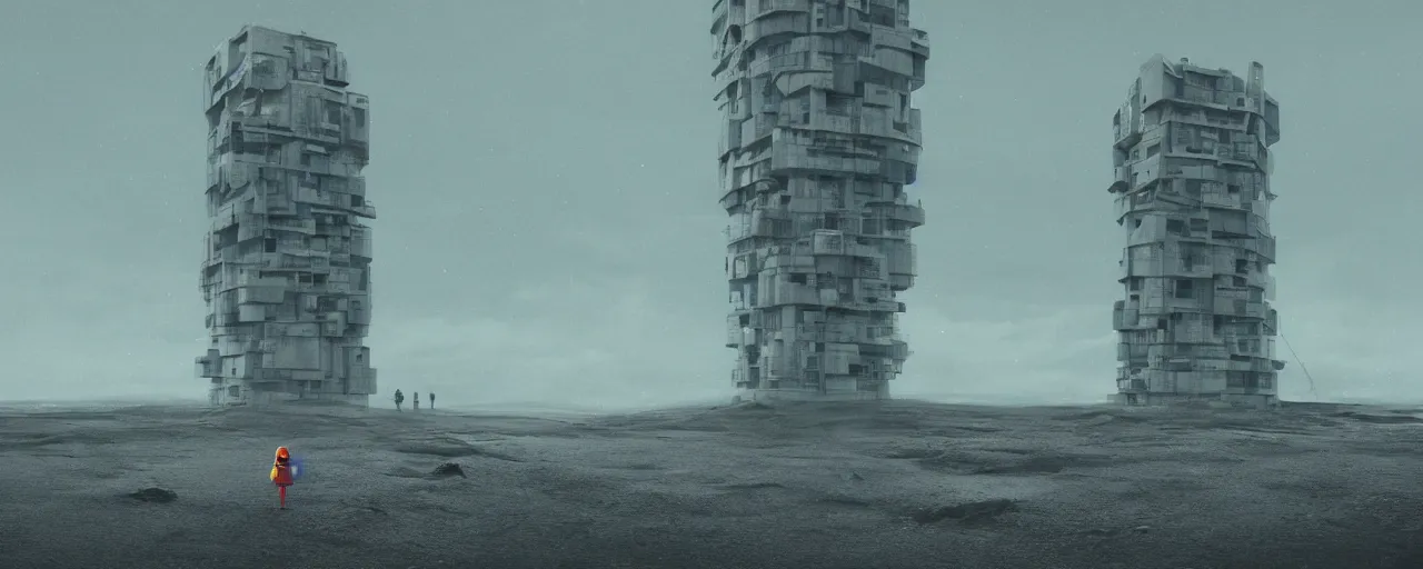 Prompt: a concrete tower with several cables coming from the top of it, the tower stands in a icelandic beach, a small character wearing a yellow hoodie standing in the front, cloudy day, blue hour, by filip hodas, by simon stalenhag, cinematic, dramatic light concept art, matte painting, trending on artstation, dystopia