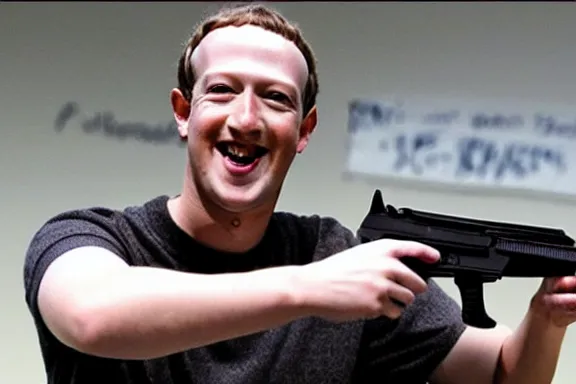 Image similar to a photo of mark zuckerberg smiling with an ak - 4 7 in a suburban neighborhood