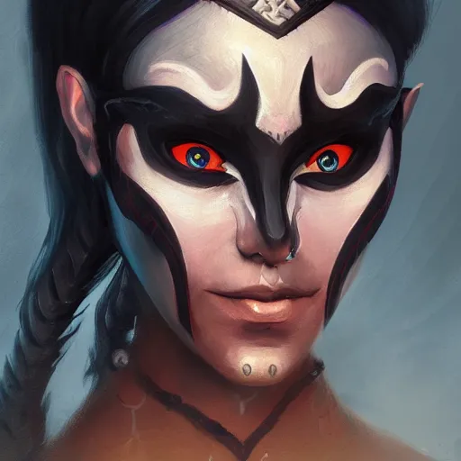 Prompt: a painting of a female dark elf holding her mask, a character portrait by Nína Tryggvadóttir, polycount contest winner, fantasy art, detailed painting, concept art, artstation hd