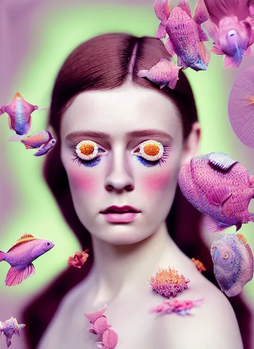 Image similar to Kodak Portra 400, 8K, soft light, volumetric lighting, highly detailed, fine art portrait photography in style of Flora Borsi, britt marling style 3/4 face morphing with pastel colors tropical fishes, metamorphosis complex 3d render , 150 mm lens, art nouveau fashion embroidered, intricate details, elegant, hyper realistic, ultra detailed, octane render, etheric, outworldly colours, emotionally evoking, head in focus, fantasy, ornamental, intricate, elegant, 8K, soft light, volumetric lighting, highly detailed, Refined, Highly Detailed, soft lighting colors scheme, fine art photography, Hyper realistic, photo realistic