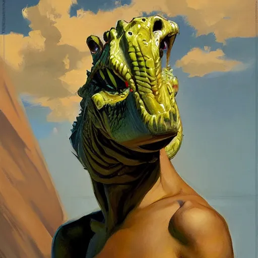 Image similar to greg manchess portrait painting of an anthropomorphic crocodile, medium shot, asymmetrical, profile picture, organic painting, sunny day, matte painting, bold shapes, hard edges, street art, trending on artstation, by huang guangjian and gil elvgren and jon foster