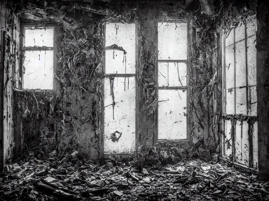 Image similar to the corner of a room in an abandoned building, where a mutant creature lurks, dirty windows, debris, tentacle beast, dust, bleak apocalyptic style, creepypasta, ominous vibe, sharp fangs