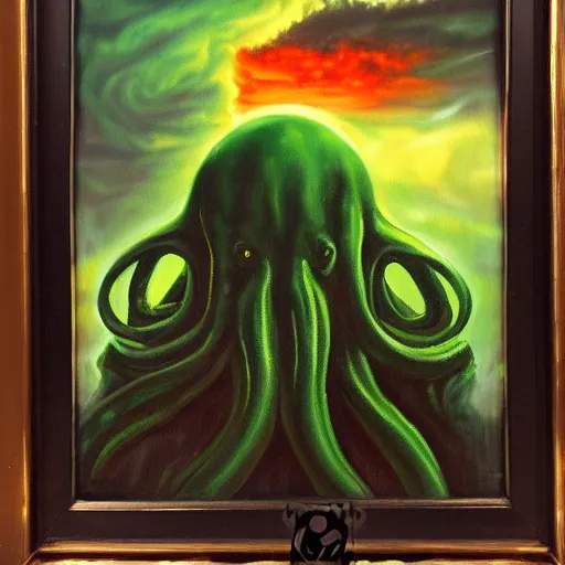 Image similar to an oil painting of Cthulhu, thick paint, detailed, 8k, dark phantasy, gritty, red eyes, stormy night