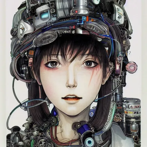 Prompt: scifi portrait of a girl wearing a strange mechanical hat covered in loose wires, copic marker, by Terada Katsuya, yoshitaka amano, tatsuyuki tanaka