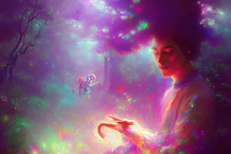 Image similar to a psychedelic realm hidden away in a pocket of ethereal understanding | astral beings sharing love greg rutkowski wlop lisa frank bob ross | ruan jia | illustration