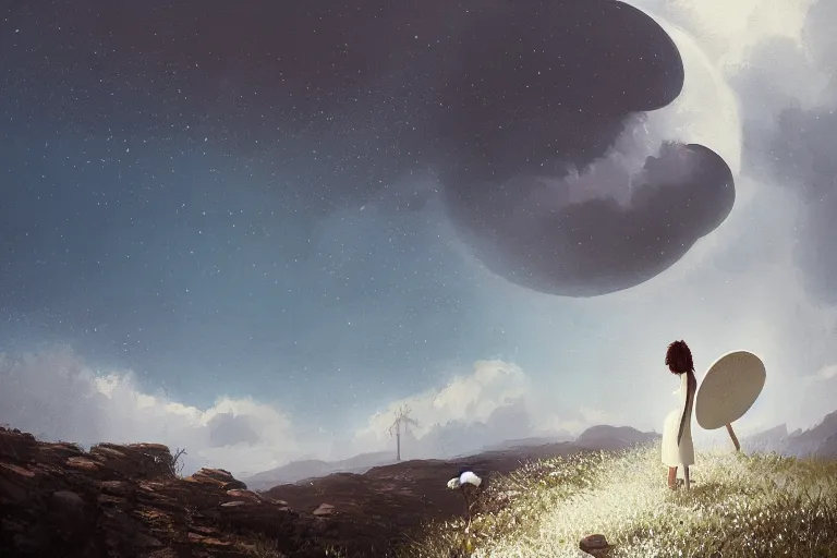 Image similar to giant white daisy flower head, girl walking on cliff, surreal photography, solar eclipse, milky way, dramatic light, impressionist painting, clouds, digital painting, artstation, james gilleard, liam wong, jeremy mann, simon stalenhag