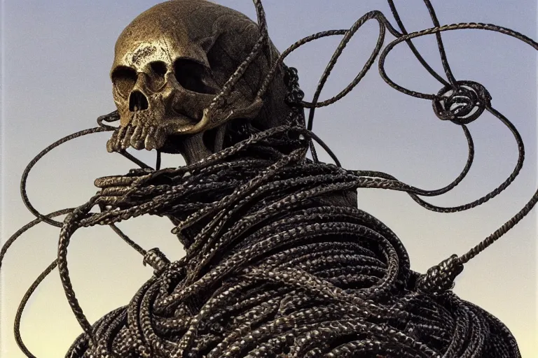 Prompt: metallic skull atop pile of coiled steel cable, style by caspar david friedrich and wayne barlowe and ted nasmith.