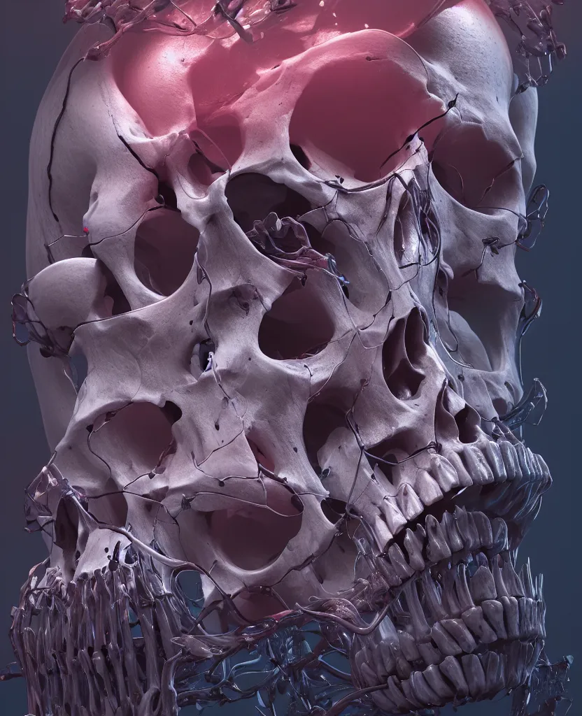 Image similar to composition of human skulls, animals skulls, bones, rib-cage and orchids, bioluminiscent, by Tooth Wu and wlop and beeple. octane render, trending on artstation, greg rutkowski very coherent symmetrical artwork. cinematic, hyper realism, high detail, octane render, 8k