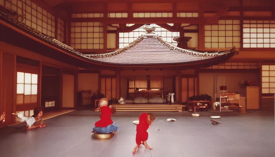 Prompt: 1 9 9 0 s candid 3 5 mm photo of a beautiful day in the family kitchen, cinematic lighting, a japanese pagoda temple breaks through the floor and scares the children, a pagoda is in the living room of a suburban house, cinematic look, golden hour, uhd