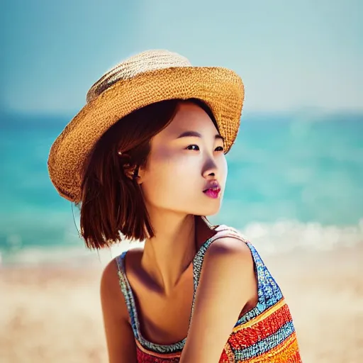 Image similar to a portrait of a young asiatic lady, perfect face, hot summertime hippie, Summer outfit, seafront background , sunny day, perfecly detailed, realistic portrait, perfect design, natural light