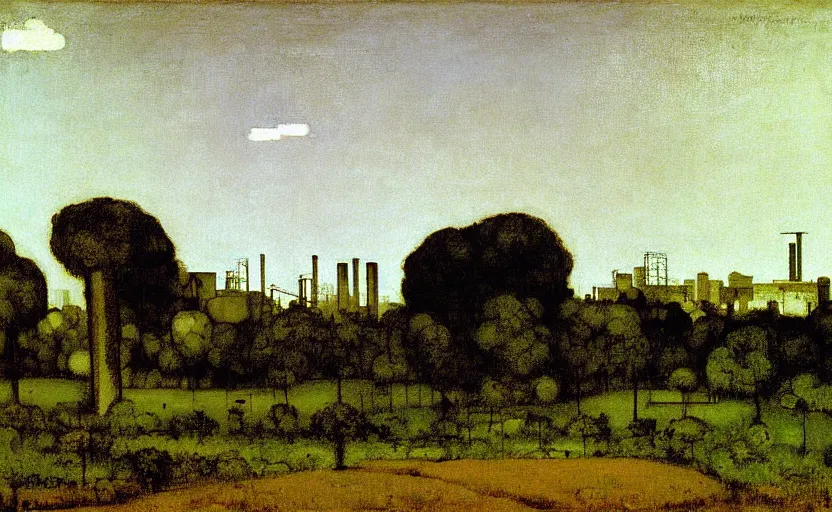 Image similar to geometric painting of industrial buildings surrounded by undergrowth by gustave courbet