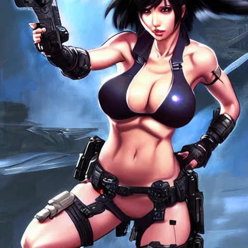 Prompt: concept art illustration of young japanese christina hendricks natalie portman as lara croft motoko kusanagi anime protagonist, wearing combat warrior fantasy bikini, intricate, elegant, art by artgerm and rosstran, masamune shirow
