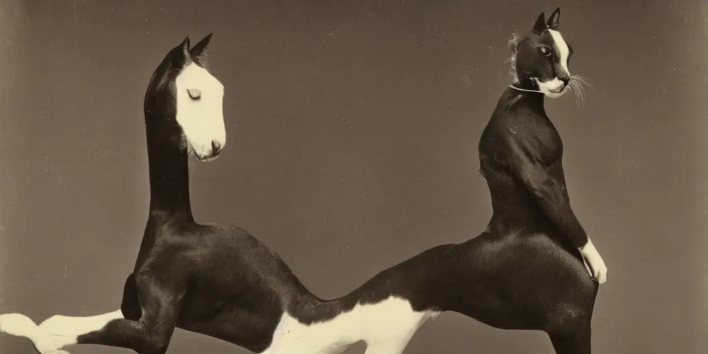 Prompt: cat head horse body, high heels, strange, black and white, photograph, 1850s