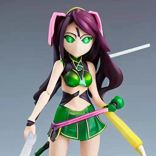 Prompt: league of legends akali as a Figma doll. Posable anime figurine. Kamas-wielding, green facemask, green outfit. Ninja sickle. PVC figure 12in.