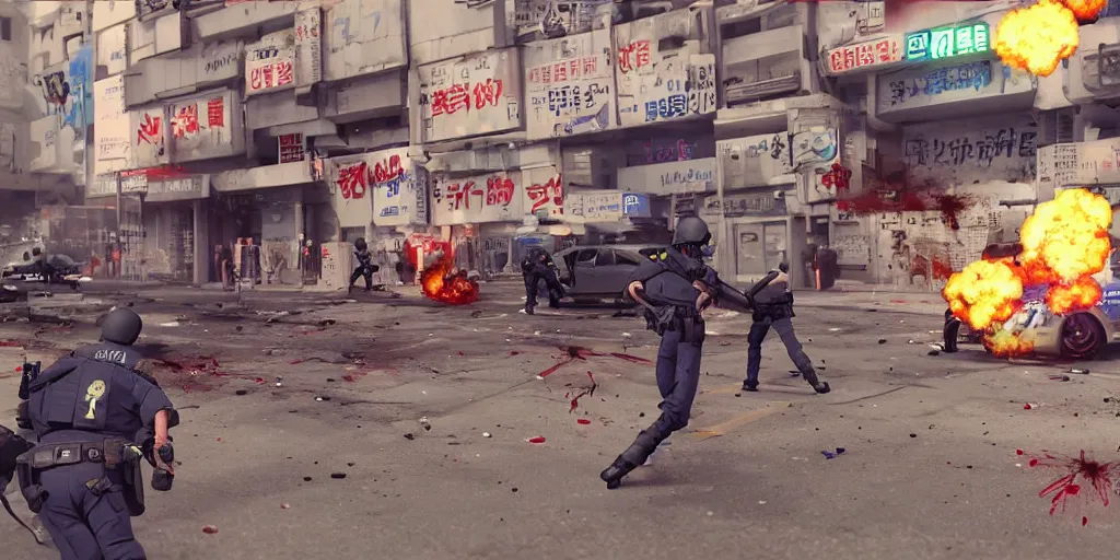 Image similar to 1991 Video Game Screenshot, Anime Neo-tokyo Cyborg bank robbers vs police shootout, bags of money, Police officer hit, Bullet Holes and Blood Splatter, Hostages, Smoke Grenade, Sniper, Chaotic, Cyberpunk, Anime VFX, Machine Gun Fire, Violent, Action, Fire fight, FLCL, Free-fire, Highly Detailed, 8k :4 by Katsuhiro Otomo + Studio Gainax + Arc System Works : 8