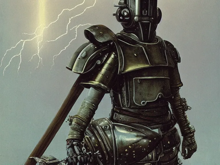 Image similar to a detailed profile painting of a bounty hunter in polished dieselpunk armour and visor. Fencing mask and shroud. cinematic sci-fi poster. Cloth and metal. Welding, fire, flames, samurai Flight suit, accurate anatomy portrait symmetrical and science fiction theme with lightning, aurora lighting clouds and stars. Clean and minimal design by beksinski carl spitzweg giger and tuomas korpi. baroque elements. baroque element. intricate artwork by caravaggio. Oil painting. Trending on artstation. 8k