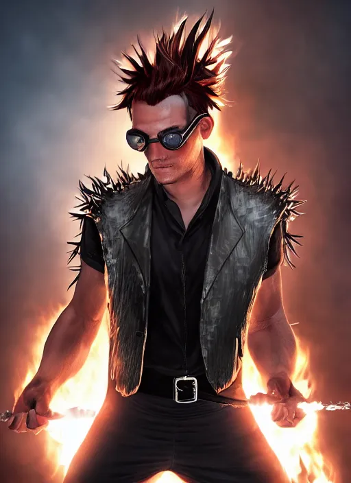 Image similar to An epic fantasy comic book style portrait painting of young man with red spiked long hair, using googles. Wearing a black waistcoat, white shirt. Fire on his hands. Unreal 5, DAZ, hyperrealistic, octane render, cosplay, RPG portrait, dynamic lighting