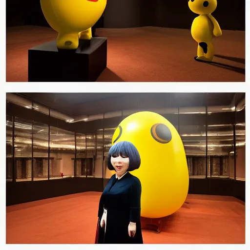 Image similar to yayoi kusama locked in an infiniti room cosplay jeff koons ballon dog, nendroid, art by wgreg rutkowski. during golden hour. extremely reflective.