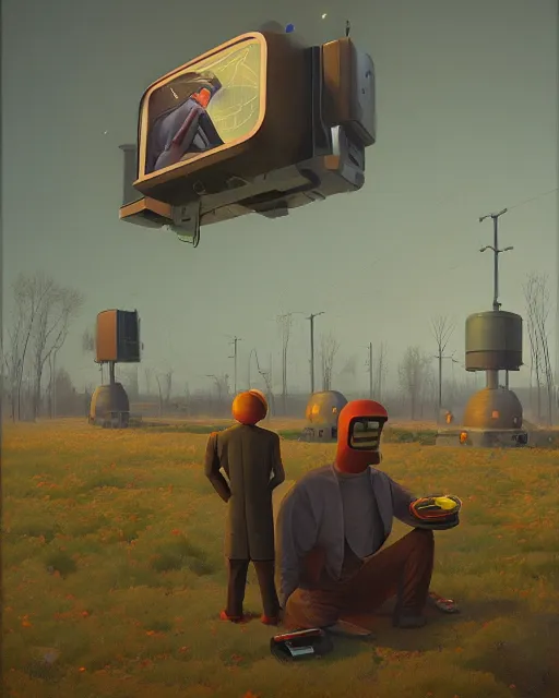 Image similar to the digital workers being robbed of their time and money by corporate overlords by Simon Stålenhag and Grant Wood, oil on canvas