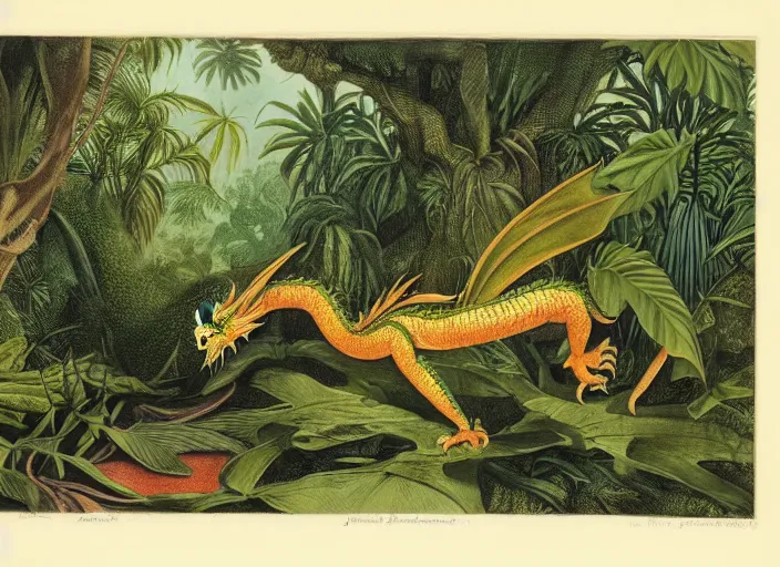 Image similar to a dragon in a tropical forest, john james audubon, vintage botanical, intaglio