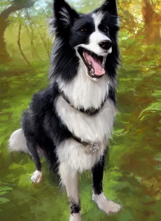 Image similar to portrait of a cute anthro male anthropomorphic border collie fursona wearing a suit in a sunny glade. by henry asencio, jon foster, and ross tran. scenic background, highly detailed, concept art, furry, glamor pose, elegant, aesthetic, beautiful, trending on artstation, top rated on furaffinity and deviantart