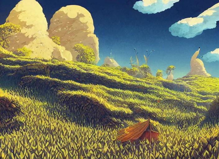 Prompt: concept art of a landscape made of corn on the cob, cel shaded, in the style of makoto shinkai and moebius and peter mohrbacher and anton fadeev