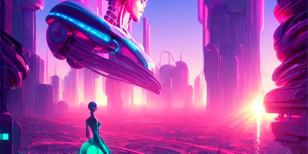 Image similar to hyper detailed ultra sharp of a beautiful woman robot boss, futuristic city with neon lights in the background, sky sended by god. behance hd by jesper ejsing, by rhads, makoto shinkai and lois van baarle, ilya kuvshinov, rossdraws radiating a glowing aura global illumination ray tracing hdr, 8 k