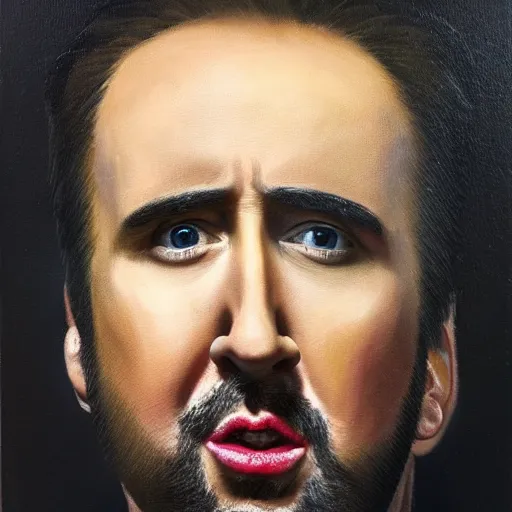 Image similar to highly detailed oil painting of nicolas cage in a banana, 4 k, in the style of caravaggio and dali