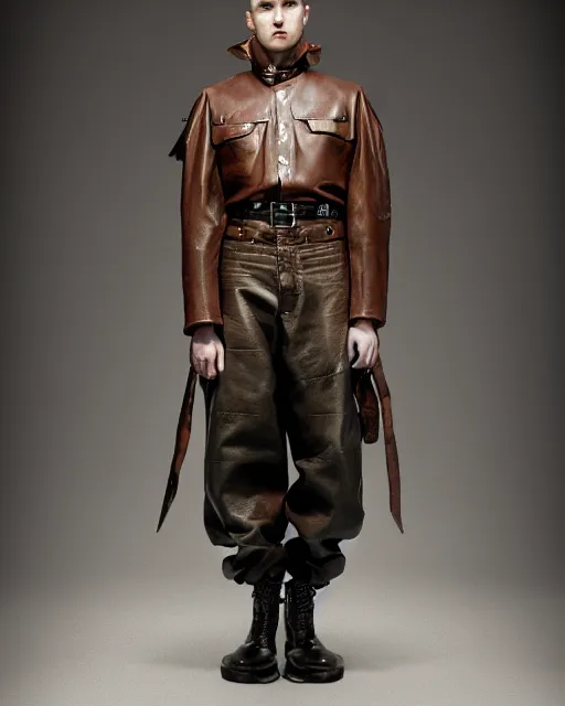 Image similar to an award - winning editorial photo of an irradecent extremely baggy cropped short ancient medieval designer menswear leather police jacket with an oversized collar and baggy bootcut trousers designed by alexander mcqueen, 4 k, studio lighting, wide angle lens