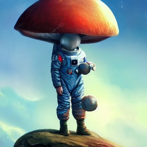 Prompt: A little boy wearing his space suit on a mushroom planet of some sort, Graceful body structure,cute,Symmetrical face,highly detailed,elegant,Marc Simonetti and Caspar David Friedrich, Trending on artstation