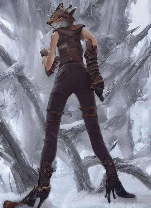 Image similar to wide angle beautiful full body portrait of a strong female anthropomorphic anthro lynx fursona wearing a steampunk leather pants. from behind, paw pads, character design by disney, anime, manga, charlie bowater, ross tran, artgerm, and makoto shinkai, detailed, soft lighting, rendered in octane, white fur, white lynx face