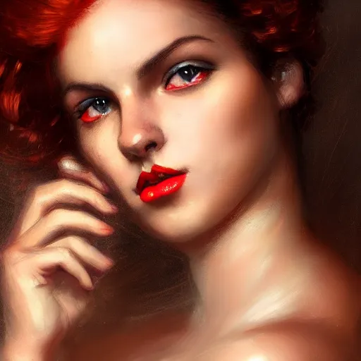 Prompt: portrait of a beautiful woman on fire. Whole body. Nostalgic expression. Thomas kindkade. Detailed eyes. Deep red lips. Trending on artstation. Detailed illustration. Hd. 4k