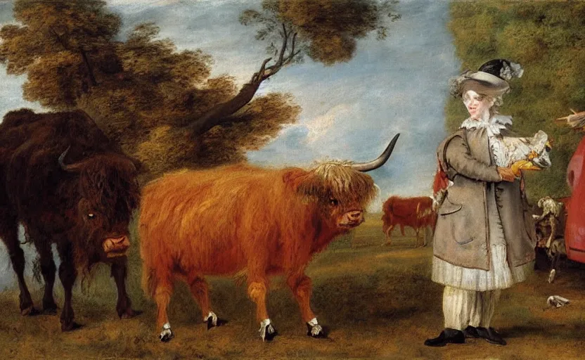 Prompt: oil painting by watteau of a highland cow and a fireman.