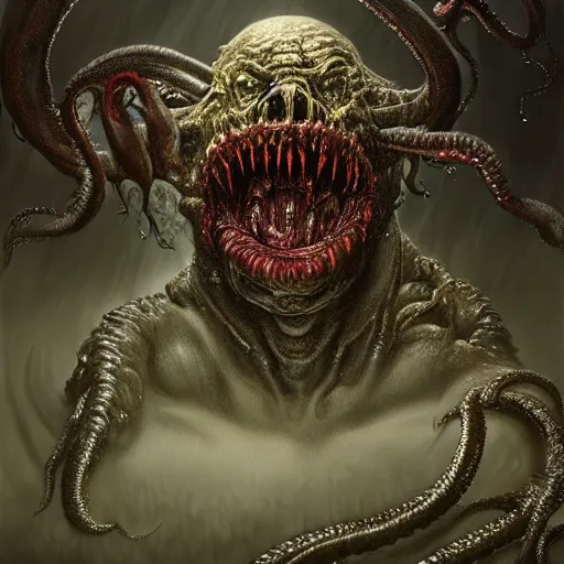 Image similar to Dark fantasy Painting of a hulking muscular demonic flesh creature covered in boils with drool dripping from its mouth, hr giger muscles, tentacles growing from its face, rising out of the depths of the foggy water, full body, disgusting, creepy, unsettling, horror, intricate, wild, highly detailed, digital painting, artstation, concept art, smooth, sharp focus, illustration, art by artgerm and greg rutkowski and alphonse mucha