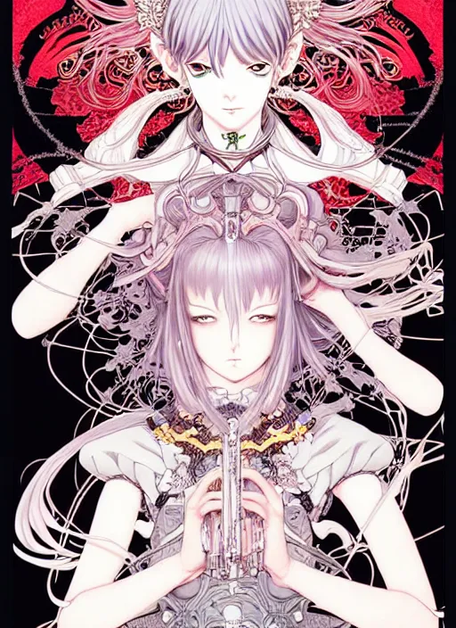 Prompt: artstation fantastic fate manga poster of princess mechine, takato yamamoto, long hair, art nouveau, armor, laces, ruffles, by katsuhiro otomo, shigenori soejima, minaba hideo, jump comics, fluorescent, illustration,, highly detailed, 8 k, maximalist,