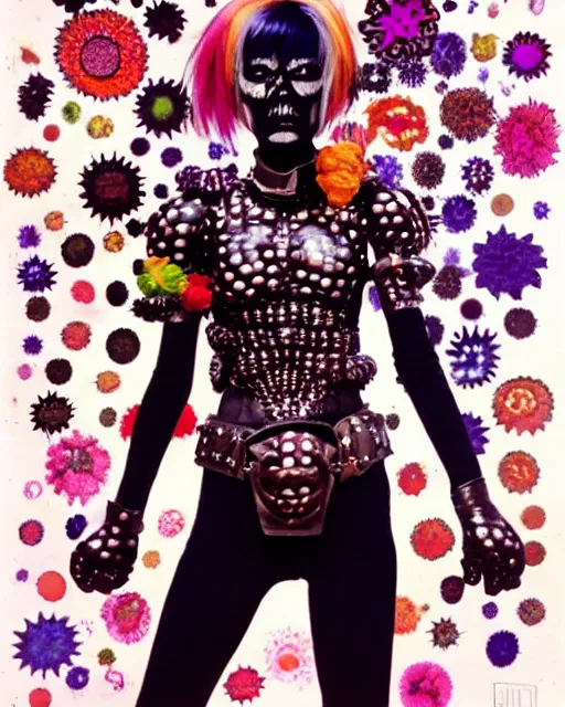 Image similar to portrait of a skinny punk goth yayoi kusama wearing armor by simon bisley, john blance, frank frazetta, fantasy, thief warrior, floral flowers colorful