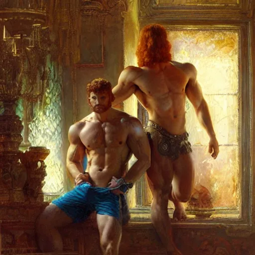 Image similar to attractive muscular mike with ginger hair with muscular attractive tyler with brunet hair, drinking their hearts out, in their noble mansion. very defined and highly detailed painting by gaston bussiere, craig mullins 8 k