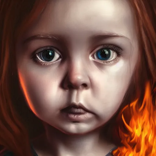 Prompt: detailed portrait of big - eyed nordic sweet little girl looking sad in front of burning house, artistic 4 k, trending on artstation, masterpiece