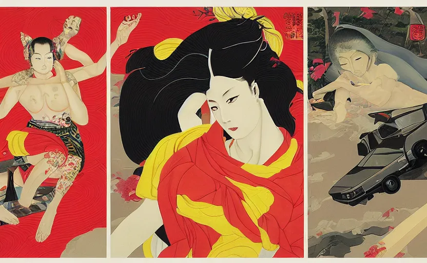 Image similar to a red delorean and a yellow tiger body, painting by hsiao - ron cheng & utagawa kunisada, magazine collage style,