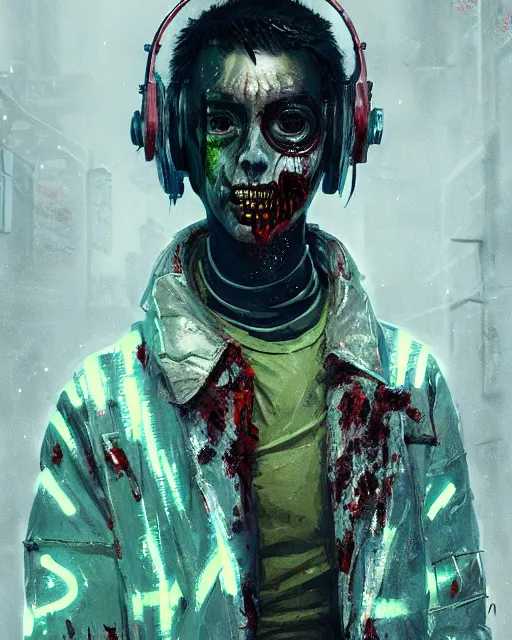 Image similar to detailed portrait zombie, cyberpunk futuristic neon, reflective puffy coat, decorated with traditional Japanese ornaments by Ismail inceoglu dragan bibin hans thoma greg rutkowski Alexandros Pyromallis Nekro Rene Maritte Illustrated, Perfect face, fine details, realistic shaded, fine-face, pretty face