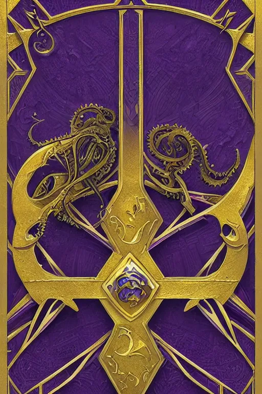 Prompt: A card of a board game, with ornamental edges, symmetrical, Lovecraftian, purple, gold, black and blue, tzeentch, by greg rutkowski