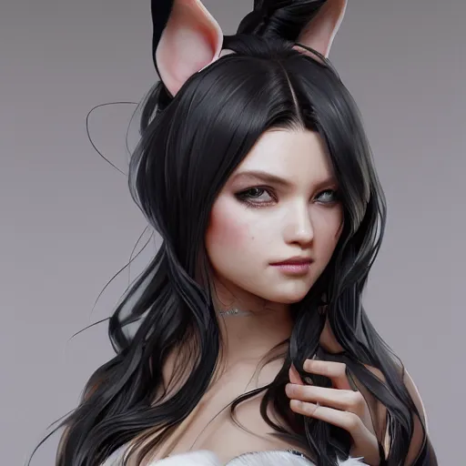 Image similar to sage ( valorant ), wearing a bunny suit, cg animation, riot entertainment, arcane, long ponytail black hair, realistic, character select portrait, ultrafine hyperrealistic detailed face illustration by kim jung gi, by artgerm, greg rutkowski, alphonse mucha, 3 d, pixiv, full body