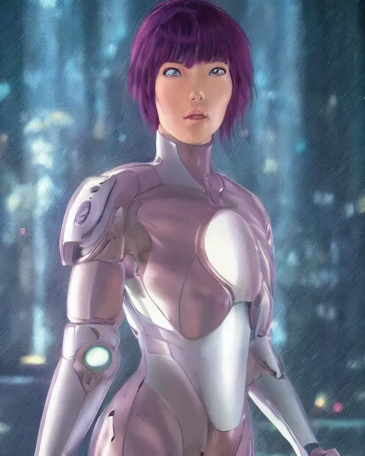 Image similar to weta disney pixar movie still portrait photo of motoko kusanagi ghost in the shell : : as cyborg woman by pixar : : by weta, wlop, ilya kuvshinov, rossdraws, artgerm, marvel, maxim cover, latex, octane render, sweaty, iridescent, bright morning, anime, liosh, mucha : :